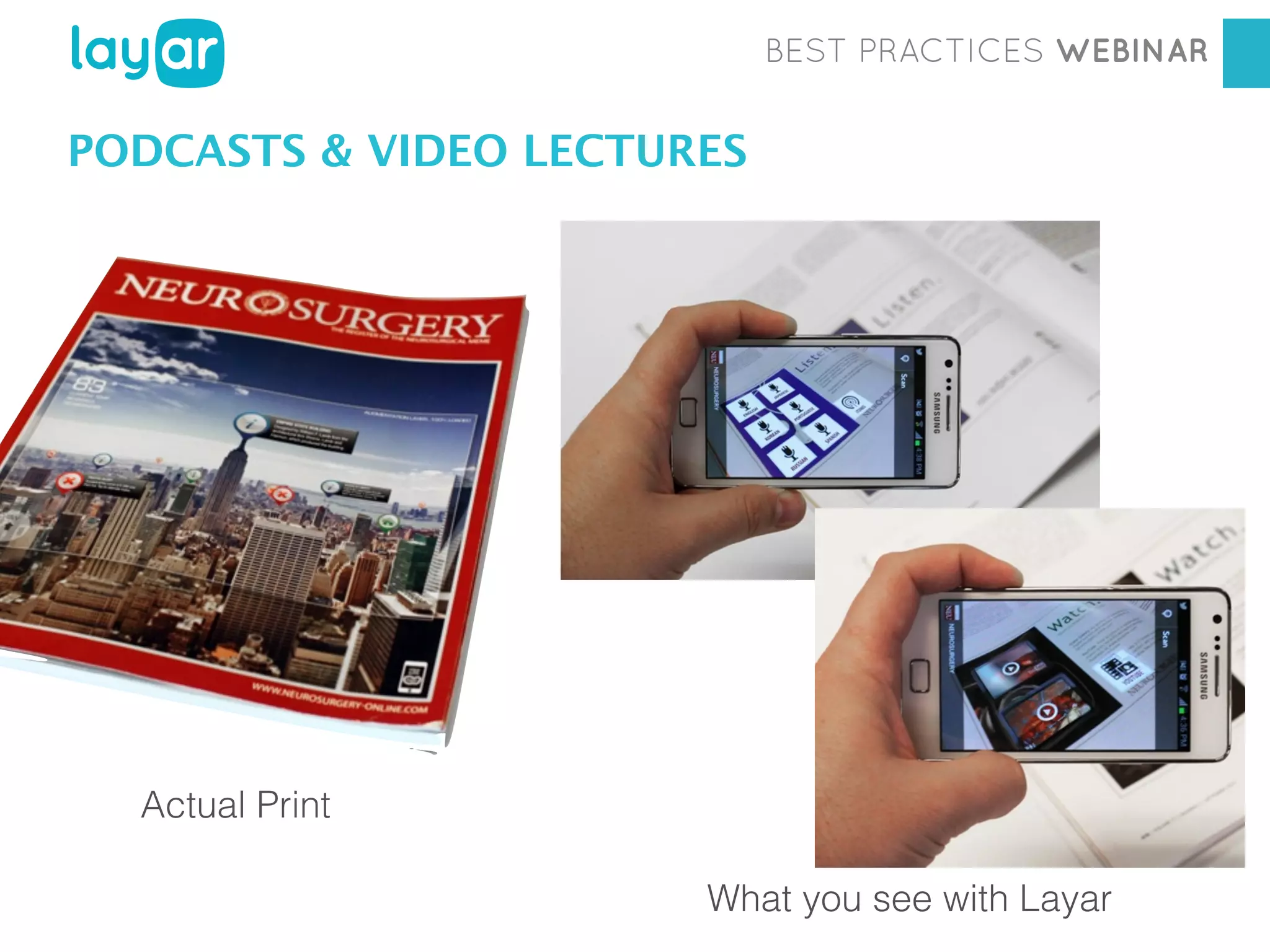 BEST PRACTICES WEBINAR

PODCASTS & VIDEO LECTURES

Workshop
Actual Print

Georgia Diaconescu
Interactive Print Consultant
What you see with Layar

 