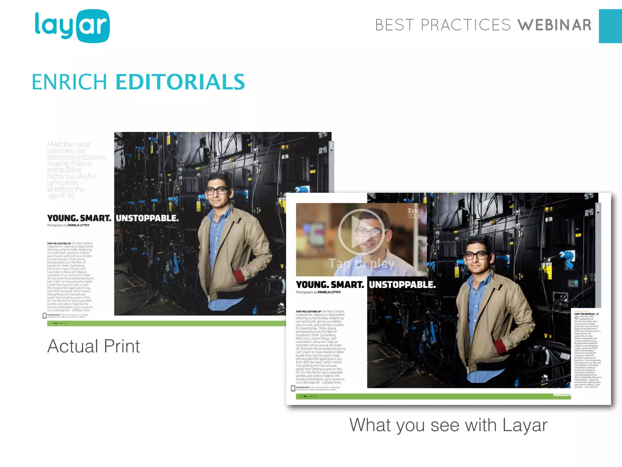 BEST PRACTICES WEBINAR

ENRICH EDITORIALS

Actual Print

Workshop
Georgia Diaconescu
Interactive Print Consultant
What you see with Layar

 