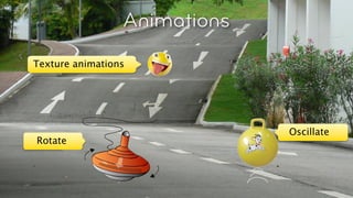 Animations
    Texture animations




                                  Oscillate
     Rotate



© Layar 2011
 