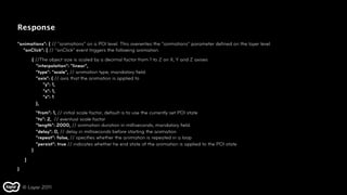 Response

"animations": { // "animations" on a POI level. This overwrites the "animations" parameter deﬁned on the layer level.
  "onClick": [ // "onClick" event triggers the following animation.
         .{ //The object size is scaled by a decimal factor from 1 to 2 on X, Y and Z axises
          "interpolation": "linear",
             "type": "scale", // animation type, mandatory ﬁeld.
             "axis": { // axis that the animation is applied to
                  "y": 1,
                  "x": 1,
                  "z": 1
             },
             "from": 1, // initial scale factor, default is to use the currently set POI state
             "to": 2, // eventual scale factor
             "length": 2000, // animation duration in milliseconds, mandatory ﬁeld.
             "delay": 0, // delay in milliseconds before starting the animation
             "repeat": false, // speciﬁes whether the animation is repeated in a loop
             "persist": true // indicates whether he end state of the animation is applied to the POI state
          }

    ]
}


    © Layar 2011
 
