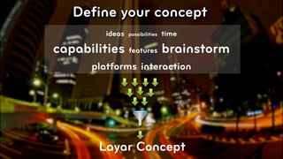 Deﬁne your concept
         ideas   possibilities   time

capabilities features brainstorm
      platforms interaction




        Layar Concept                   © 2010, Layar B.V.
 
