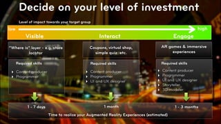 Decide on your level of investment
       Level of impact towards your target group
low                                                                                                       high
           Visible                                  Interact                               Engage
“Where is” layer - e.g. store                  Coupons, virtual shop,                AR games & immersive
         locator                                 simple quiz etc.                         experiences

      Required skills                          Required skills                       Required skills

 ‣ Content producer                          ‣ Content producer                  ‣   Content producer
 ‣ Programmer                                ‣ Programmer                        ‣   Programmer
                                             ‣ UI and UX designer                ‣   UI and UX designer
                                                                                 ‣   Storyteller
                                                                                 ‣   3D modeler



            1 - 7 days                                1 month                               1 - 3 months
                         Time to realize your Augmented Reality Experiences (estimated)
                                                                                                           © 2010, Layar B.V.
 