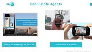 © 2013, Layar B.V. STRICTLY Confidential and Proprietary
Real Estate Agents
Show your inventory on location Show how it will look
 