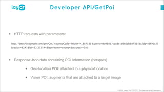 © 2014, Layar B.V. STRICTLY Confidential and Proprietary
Developer API/GetPoi
!
• HTTP requests with parameters:!
!
!
• Response:Json data containing POI Information (hotspots)!
• Geo-location POI: attached to a physical location!
• Vision POI: augments that are attached to a target image
 