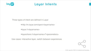 © 2014, Layar B.V. STRICTLY Confidential and Proprietary
Layar Intents
Three types of intent are deﬁned in Layar!
•http://m.layar.com/open/<layername>!
•layar://<layarname>!
•layarshare://<layername>/?<parameters>!
Use cases: interactive layer, switch between experiences
 