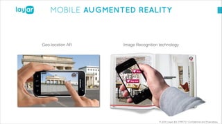 © 2014, Layar B.V. STRICTLY Confidential and Proprietary
MOBILE AUGMENTED REALITY
Geo-location AR Image Recognition technology
 
