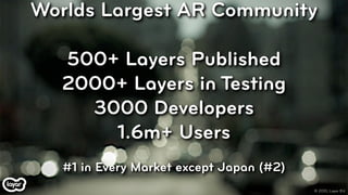 Worlds Largest AR Community

  500+ Layers Published
  2000+ Layers in Testing
    3000 Developers
      1.6m+ Users
   #1...