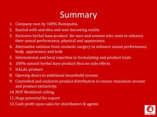 Summary
1. Company own by 100% Bumiputra.
2. Started with and idea and now becoming reality
3. Exclusive herbal base product for men and women who want to enhance
their sexual performance, physical and appearance.
4. Alternative solution from cosmetic surgery to enhance sexual performance,
body appearance and look
5. International and local expertise in formulating and product trials
6. 100% natural herbal base product thus no side effects
7. HALAL product
8. Opening doors to additional household income.
9. Controlled and exclusive product distribution to ensure maximum income
and product exclusivity.
10.NOT Multilevel selling
11.Huge potential for export
12.Cash profit upon sales for distributors & agents
 