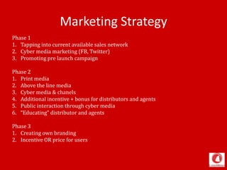 Marketing Strategy
Phase 1
1. Tapping into current available sales network
2. Cyber media marketing (FB, Twitter)
3. Promoting pre launch campaign
Phase 2
1. Print media
2. Above the line media
3. Cyber media & chanels
4. Additional incentive + bonus for distributors and agents
5. Public interaction through cyber media
6. “Educating” distributor and agents
Phase 3
1. Creating own branding
2. Incentive OR price for users
 