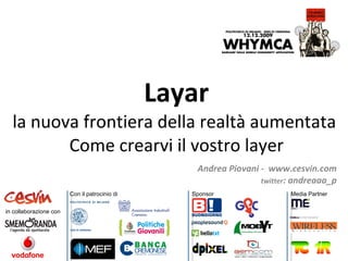 Layar la nuova frontiera della realtà aumentata  Come crearvi il vostro layer Andrea Piovani -  www.cesvin.com twitter : andreaaa_p in collaborazione con Con il patrocinio di Sponsor Media Partner 