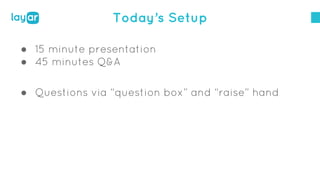 Today’s Setup
● 15 minute presentation
● 45 minutes Q&A
● Questions via “question box” and “raise” hand
 