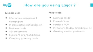 How are you using Layar ?
Private use:
⚫ Business cards
⚫ Presentations
⚫ Portfolio / CV
⚫ Invitations (B-day, Wedding etc.)
⚫ Greeting cards / postcards
Business use:
⚫ Interactive magazines &
newspapers
⚫ In class activities/ Education
⚫ Business cards
⚫ Advertisements
⚫ Events / Fairs / Exhibitions
⚫ Company greeting cards
 