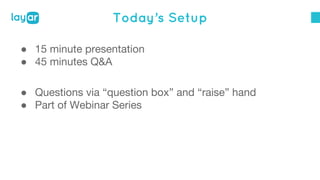 Today’s Setup 
● 15 minute presentation 
● 45 minutes Q&A 
● Questions via “question box” and “raise” hand 
● Part of Webinar Series 
 