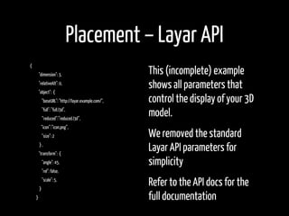 Placement – Layar API
{
    "dimension": 3,                               This (incomplete) example
    "relativeAlt": 0,
...