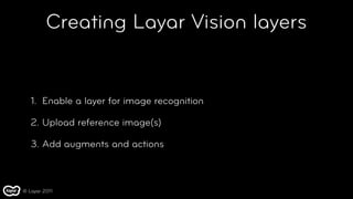 Creating Layar Vision layers


   1. Enable a layer for image recognition

   2. Upload reference image(s)

   3. Add augments and actions



© Layar 2011
 