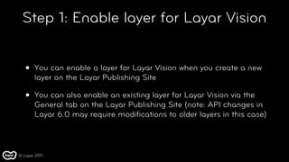 Step 1: Enable layer for Layar Vision


   •   You can enable a layer for Layar Vision when you create a new
       layer on the Layar Publishing Site

   •   You can also enable an existing layer for Layar Vision via the
       General tab on the Layar Publishing Site (note: API changes in
       Layar 6.0 may require modiﬁcations to older layers in this case)



© Layar 2011
 