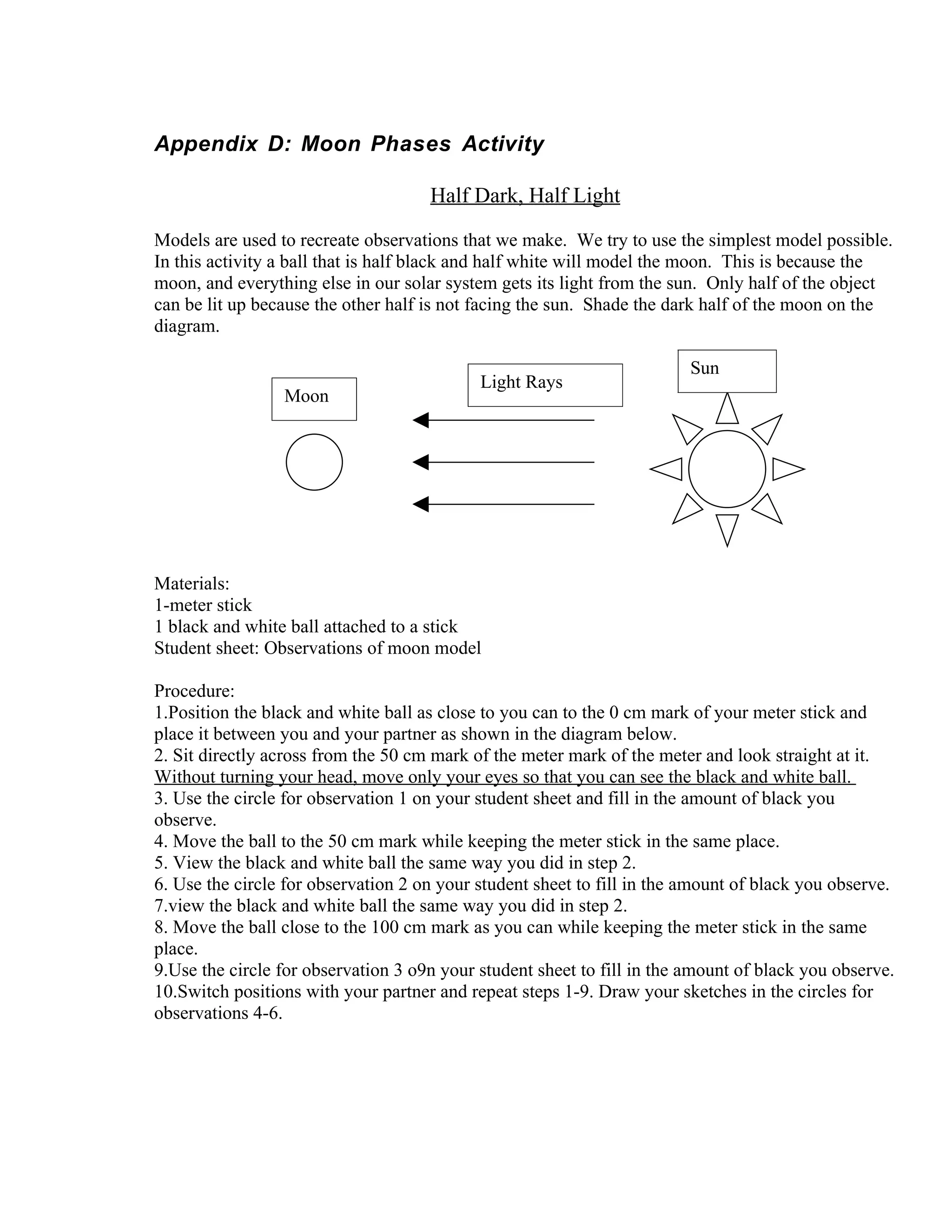 Appendix D: Moon Phases Activity

                                     Half Dark, Half Light

Models are used to recreate observations that we make. We try to use the simplest model possible.
In this activity a ball that is half black and half white will model the moon. This is because the
moon, and everything else in our solar system gets its light from the sun. Only half of the object
can be lit up because the other half is not facing the sun. Shade the dark half of the moon on the
diagram.

                                                                         Sun
                                            Light Rays
                 Moon




Materials:
1-meter stick
1 black and white ball attached to a stick
Student sheet: Observations of moon model

Procedure:
1.Position the black and white ball as close to you can to the 0 cm mark of your meter stick and
place it between you and your partner as shown in the diagram below.
2. Sit directly across from the 50 cm mark of the meter mark of the meter and look straight at it.
Without turning your head, move only your eyes so that you can see the black and white ball.
3. Use the circle for observation 1 on your student sheet and fill in the amount of black you
observe.
4. Move the ball to the 50 cm mark while keeping the meter stick in the same place.
5. View the black and white ball the same way you did in step 2.
6. Use the circle for observation 2 on your student sheet to fill in the amount of black you observe.
7.view the black and white ball the same way you did in step 2.
8. Move the ball close to the 100 cm mark as you can while keeping the meter stick in the same
place.
9.Use the circle for observation 3 o9n your student sheet to fill in the amount of black you observe.
10.Switch positions with your partner and repeat steps 1-9. Draw your sketches in the circles for
observations 4-6.
 
