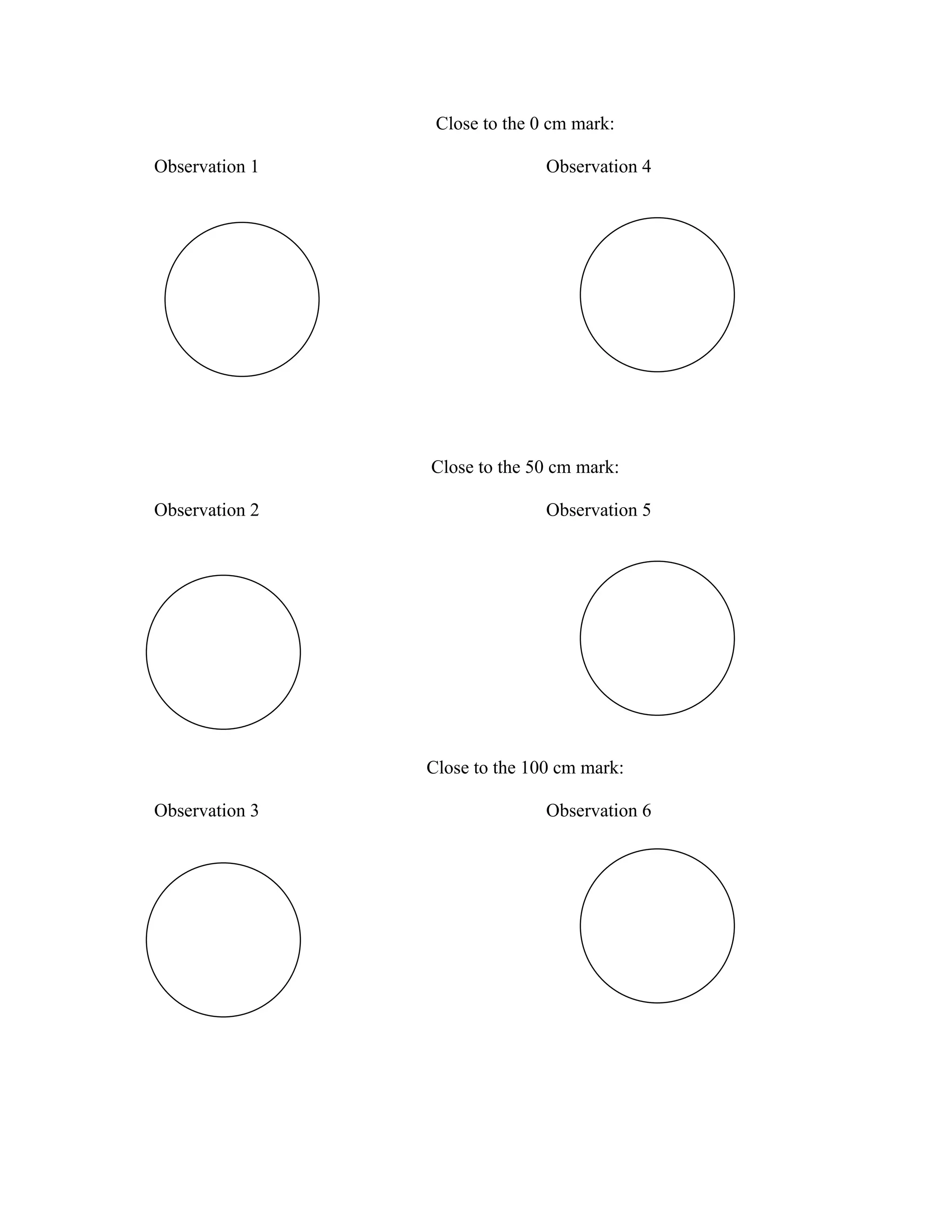 Close to the 0 cm mark:

Observation 1                  Observation 4




                Close to the 50 cm mark:

Observation 2                  Observation 5




                Close to the 100 cm mark:

Observation 3                  Observation 6
 