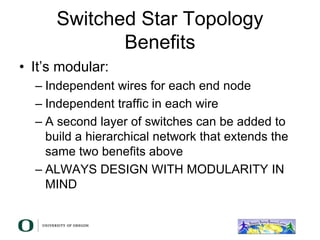 Switched Star Topology
Benefits
• It’s modular:
– Independent wires for each end node
– Independent traffic in each wire
– A second layer of switches can be added to
build a hierarchical network that extends the
same two benefits above
– ALWAYS DESIGN WITH MODULARITY IN
MIND
 