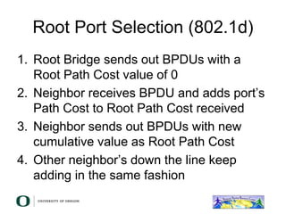 Root Port Selection (802.1d)
1. Root Bridge sends out BPDUs with a
Root Path Cost value of 0
2. Neighbor receives BPDU and adds port’s
Path Cost to Root Path Cost received
3. Neighbor sends out BPDUs with new
cumulative value as Root Path Cost
4. Other neighbor’s down the line keep
adding in the same fashion
 