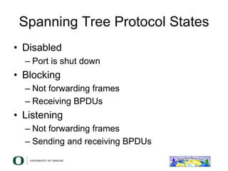 Spanning Tree Protocol States
• Disabled
– Port is shut down
• Blocking
– Not forwarding frames
– Receiving BPDUs
• Listening
– Not forwarding frames
– Sending and receiving BPDUs
 