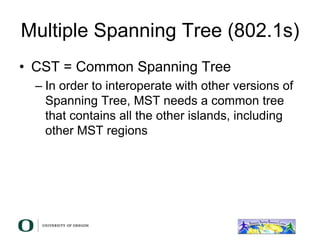 Multiple Spanning Tree (802.1s)
• CST = Common Spanning Tree
– In order to interoperate with other versions of
Spanning Tree, MST needs a common tree
that contains all the other islands, including
other MST regions
 