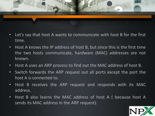 • Let's say that host A wants to communicate with host B for the first
time.
• Host A knows the IP address of host B, but since this is the first time
the two hosts communicate, hardware (MAC) addresses are not
known.
• Host A uses an ARP process to find out the MAC address of host B.
• Switch forwards the ARP request out all ports except the port the
host A is connected to.
• Host B receives the ARP request and responds with its MAC
address.
• Host B also learns the MAC address of host A ( because host A
sends its MAC address in the ARP request).
 