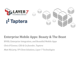 Enterprise Mobile Apps: Beauty & The Beast
BYOD, Enterprise Integration, and Beautiful Mobile Apps
Chris O’Connor, CEO & Co-founder, Taptera
Matt McLarty, VP Client Solutions, Layer 7 Technologies
 