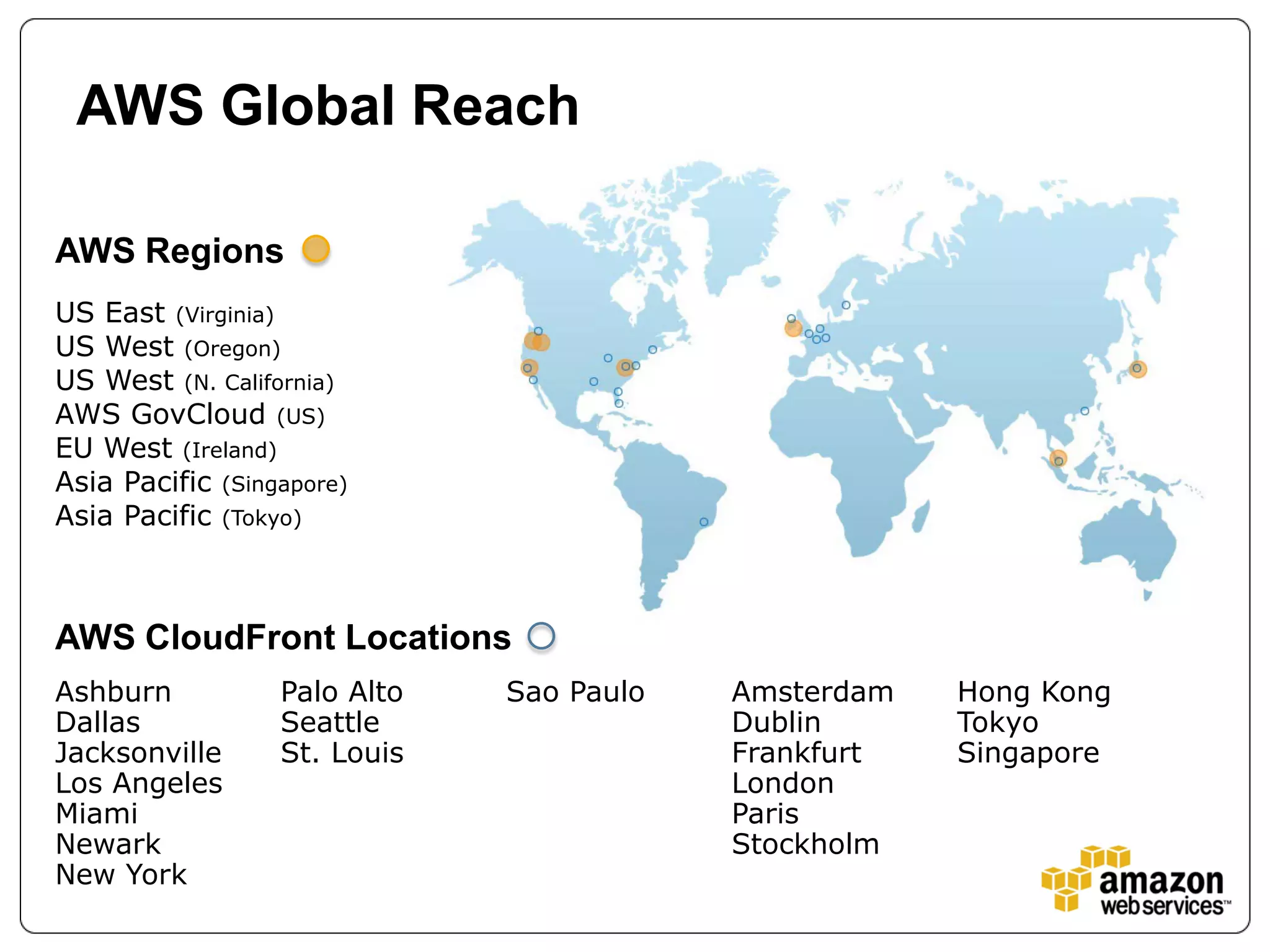 AWS Global Reach

AWS Regions
US East (Virginia)
US West (Oregon)
US West (N. California)
AWS GovCloud (US)
EU West (Ireland)
Asia Pacific (Singapore)
Asia Pacific (Tokyo)



AWS CloudFront Locations
Ashburn           Palo Alto   Sao Paulo   Amsterdam   Hong Kong
Dallas            Seattle                 Dublin      Tokyo
Jacksonville      St. Louis               Frankfurt   Singapore
Los Angeles                               London
Miami                                     Paris
Newark                                    Stockholm
New York
 