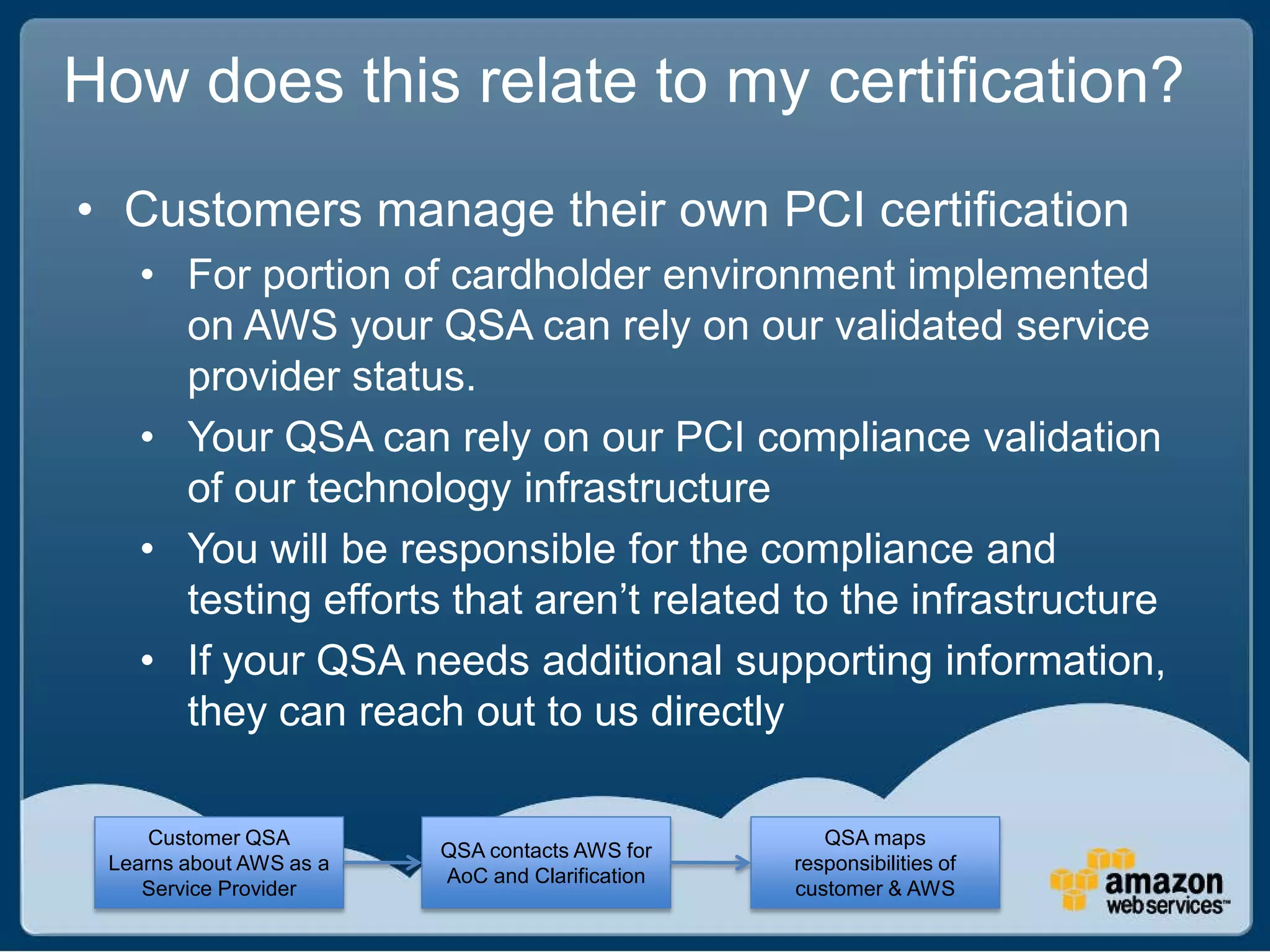 How does this relate to my certification?
• Customers manage their own PCI certification
   • For portion of cardholder environment implemented
     on AWS your QSA can rely on our validated service
     provider status.
   • Your QSA can rely on our PCI compliance validation
     of our technology infrastructure
   • You will be responsible for the compliance and
     testing efforts that aren’t related to the infrastructure
   • If your QSA needs additional supporting information,
     they can reach out to us directly

     Customer QSA                                   QSA maps
                         QSA contacts AWS for
 Learns about AWS as a                           responsibilities of
                         AoC and Clarification
    Service Provider                             customer & AWS
 