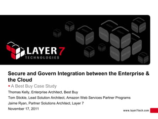 Secure and Govern Integration between the Enterprise &
the Cloud
 A Best Buy Case Study
Thomas Kelly, Enterprise Architect, Best Buy
Tom Stickle, Lead Solution Architect, Amazon Web Services Partner Programs
Jaime Ryan, Partner Solutions Architect, Layer 7
November 17, 2011
 