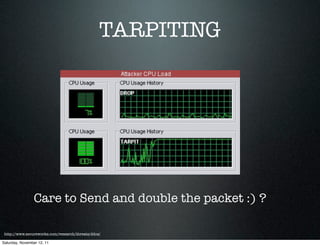 TARPITING




                Care to Send and double the packet :) ?

 http://www.secureworks.com/research/threats/ddos/

Saturday, November 12, 11
 