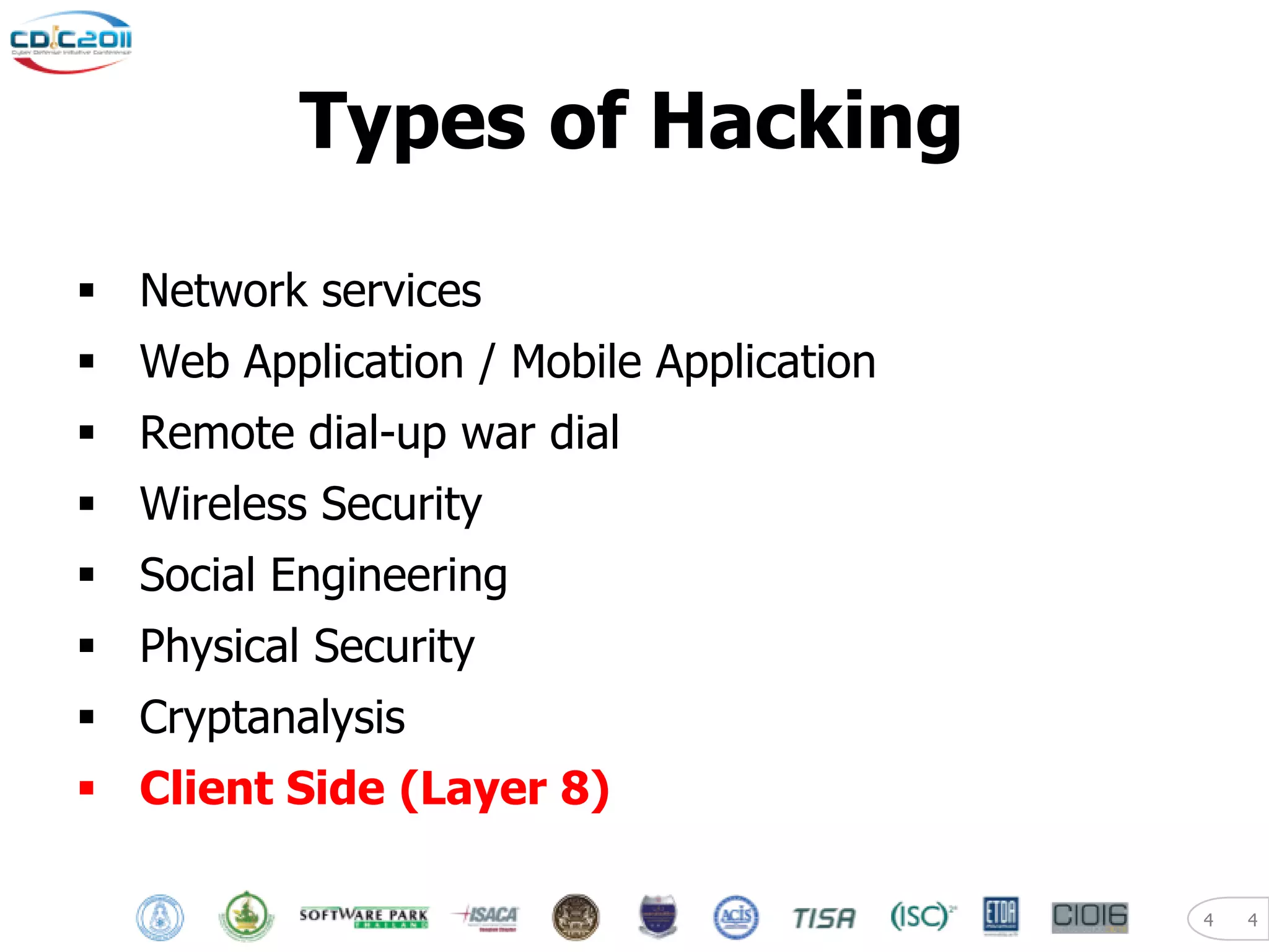 Types of Hacking

 Network services
 Web Application / Mobile Application
 Remote dial-up war dial
 Wireless Security
 Social Engineering
 Physical Security
 Cryptanalysis
 Client Side (Layer 8)

                                         4   4
 
