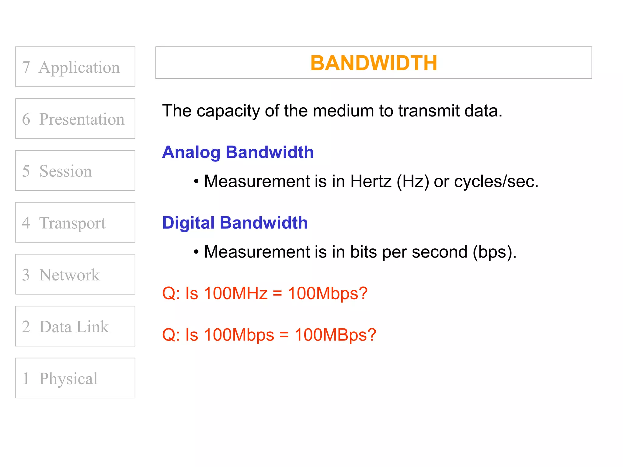 7 Application
6 Presentation
5 Session
4 Transport
1 Physical
2 Data Link
3 Network
BANDWIDTH
The capacity of the medium to transmit data.
Analog Bandwidth
• Measurement is in Hertz (Hz) or cycles/sec.
Digital Bandwidth
• Measurement is in bits per second (bps).
Q: Is 100MHz = 100Mbps?
Q: Is 100Mbps = 100MBps?
 