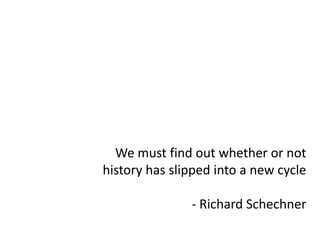 We must find out whether or not
history has slipped into a new cycle

               - Richard Schechner
 