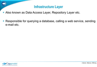 Infrastructure Layer
 Also known as Data Access Layer, Repository Layer etc.

 Responsible for querying a database, calling a web service, sending
  e-mail etc.




                                                           | Sector, Alliance, Offering
 