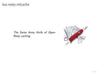 12/43
lua-resty-mlcache
The Swiss Army Knife of Open-
Resty caching
 