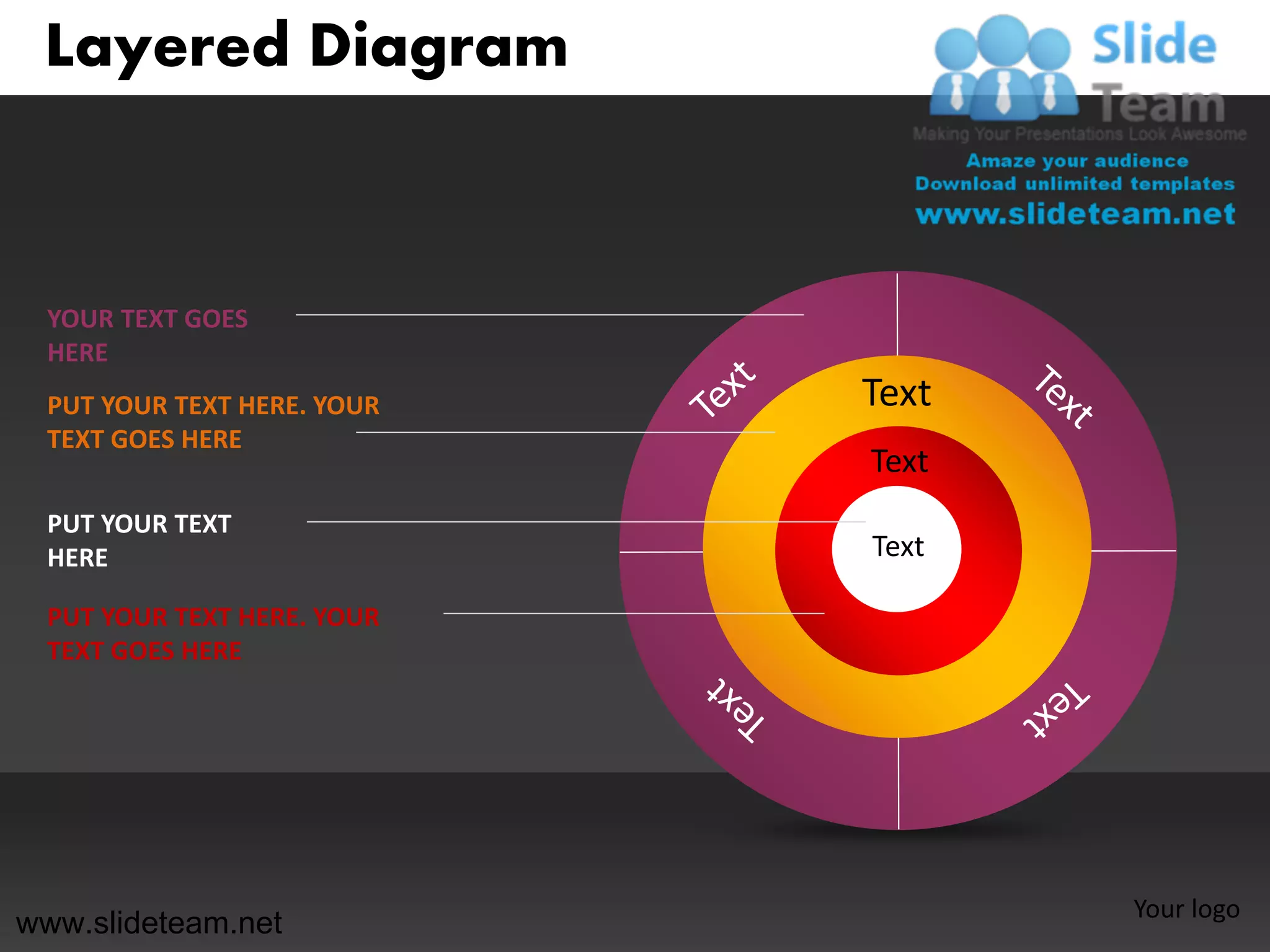 Layered Diagram



 YOUR TEXT GOES
 HERE
 PUT YOUR TEXT HERE. YOUR   Text
 TEXT GOES HERE
                            Text
 PUT YOUR TEXT
 HERE                       Text

 PUT YOUR TEXT HERE. YOUR
 TEXT GOES HERE




                                   Your logo
www.slideteam.net
 
