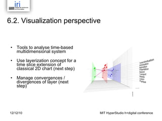 6.2. Visualization perspective Tools to analyse time-based multidimensional system   Use layerization concept for a time slice extension of classical 2D chart (next step)  Manage convergences / divergences of layer (next step) 12/12/10 MIT HyperStudio h+digital conference 
