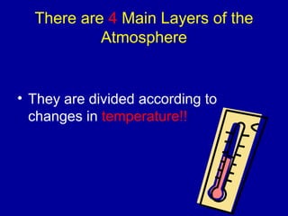 There are 4 Main Layers of the
           Atmosphere


• They are divided according to
  changes in temperature!!
 