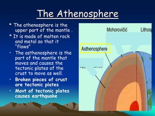 The Athenosphere
* The athenosphere is the
upper part of the mantle .
* It is made of molten rock
and metal so that it
“flows”
• The asthenosphere is the
part of the mantle that
moves and causes the
tectonic plates of the
crust to move as well.
• Broken pieces of crust
are tectonic plates
• Movt of tectonic plates
causes earthquake
 
