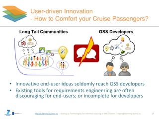 http://Learning-Layers-eu
User-driven Innovation
- How to Comfort your Cruise Passengers?
• Innovative end-user ideas seldomly reach OSS developers
• Existing tools for requirements engineering are often
discouraging for end-users; or incomplete for developers
17
 