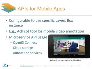 http://Learning-Layers-eu
APIs for Mobile Apps
• Configurable to use specific Layers Box
instance
• E.g., Ach so! tool for mobile video annotation
• Microservice API usage
– OpenID Connect
– Cloud storage
– Annotation services
13
Ach so! app on an Android tablet
 