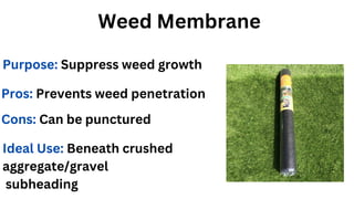 Weed Membrane
Purpose: Suppress weed growth
Pros: Prevents weed penetration
Cons: Can be punctured
Ideal Use: Beneath crushed
aggregate/gravel
subheading
 