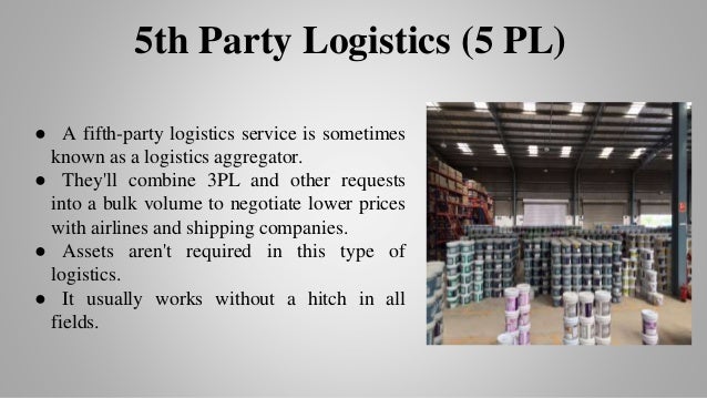 ● A fifth-party logistics service is sometimes
known as a logistics aggregator.
● They'll combine 3PL and other requests
into a bulk volume to negotiate lower prices
with airlines and shipping companies.
● Assets aren't required in this type of
logistics.
● It usually works without a hitch in all
fields.
5th Party Logistics (5 PL)
 