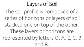 Layers of Soil
The soil profile is composed of a
series of horizons or layers of soil
stacked one on top of the other.
These layers or horizons are
represented by letters O, A, E, C, B
and R.
 