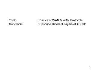 Topic       : Basics of WAN & WAN Protocols
Sub-Topic   : Describe Different Layers of TCP/IP




                                                    1
 