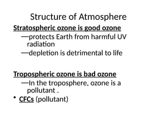 Structure of Atmosphere
Stratospheric ozone is good ozone
—protects Earth from harmful UV
radiation
—depletion is detrimental to life
Tropospheric ozone is bad ozone
—In the troposphere, ozone is a
pollutant .
• CFCs (pollutant)
 
