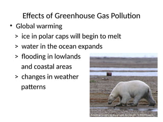 Effects of Greenhouse Gas Pollution
• Global warming
> ice in polar caps will begin to melt
> water in the ocean expands
> flooding in lowlands
and coastal areas
> changes in weather
patterns
 
