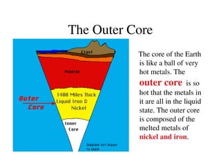 The Outer Core
The core of the Earth
is like a ball of very
hot metals. The
outer core is so
hot that the metals in
it are all in the liquid
state. The outer core
is composed of the
melted metals of
nickel and iron.
 